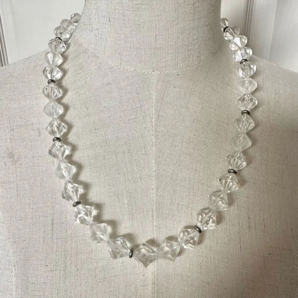 Clear beaded silver tone vintage long necklace